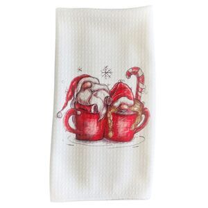 Santa and Mrs. Claus Gnomes in Cup of Cocoa Waffle Weave Kitchen Dish Towel